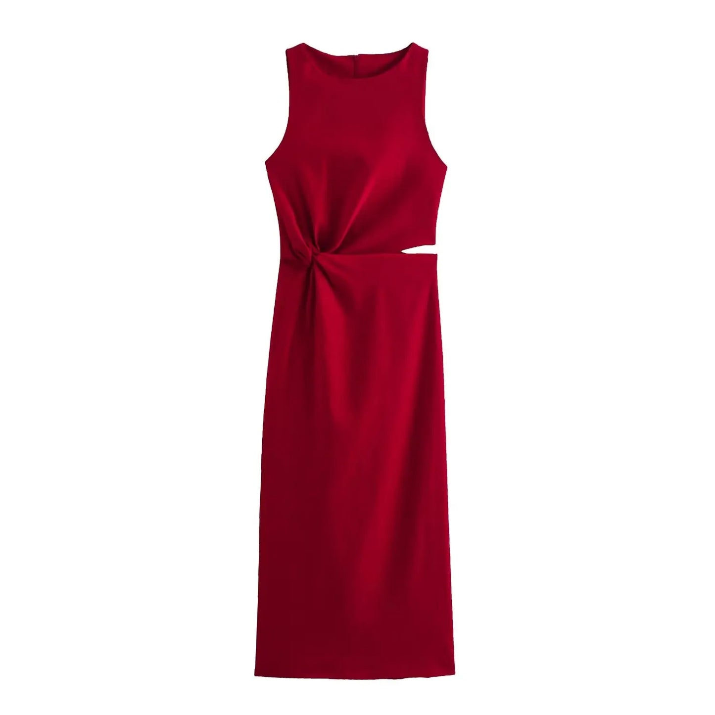 HH Women Summer Crop Waist Opening Folds Design Midi Dress Female Fashion O-Neck Back Zipper Sleeveless 3 Color Slim Dresses