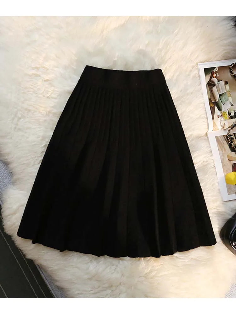 Autumn Winter Knitted Pleated Skirts Women's Elastic High Waist A-Line Umbrella Skirts Casual Sexy Slim Short Mini Skirts