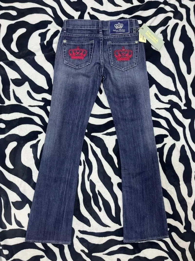 Streetwear New Fashion Red Crown Embroidered Baggy Jeans Women Y2K Gothic Harajuku Hip Hop Popular Casual Joker Couple Jeans