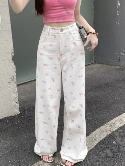 White Floral Jeans for Women Simple High Waist Y2k Cute Youth Spring Autumn Popular Holiday Loose Basic Chic Aesthetic Mopping