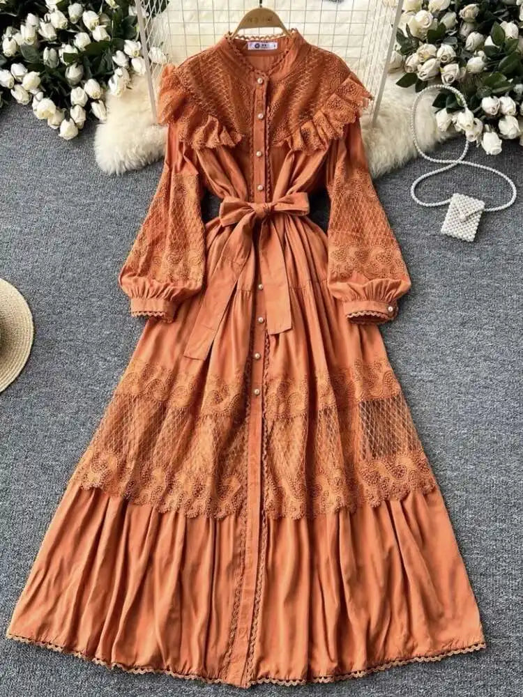 LGRQ For Women's Lace-up Single Breasted Lace Dress Fashion Hollow Out Bead Button Round Neck Dresses 2025 Autumn New Clothing