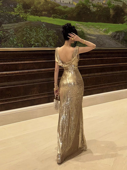 REDDACHiC Elegant Cowl Neck Women Glitter Dress Gold Sequin Maxi Long Backless Split Mermaid Bodycon Cocktail Party Evening Gown