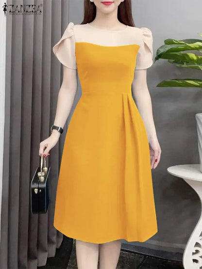 ZANZEA Elegant Women Waist Dress 2024 Summer Patchwork Round Neck Vestidos Fashion Petal Short Sleeves Dress Vintage Office Robe
