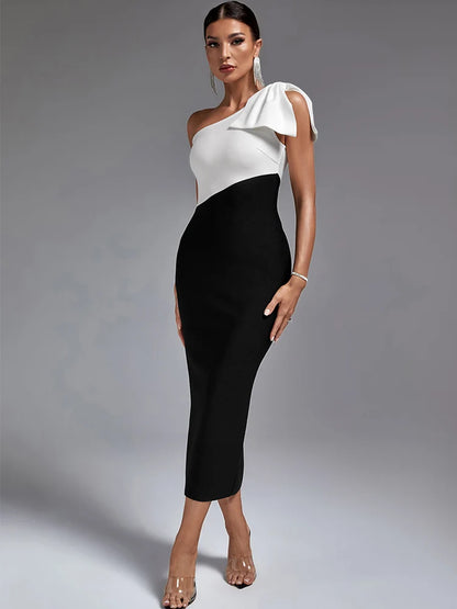Long Bandage Dress Women One Shoulder Party Dress Maxi Bodycon Elegant Color Block Sexy Birthday Evening Club Outfit Summer 2023