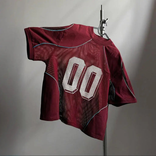 Y2K American Retro Spliced Jersey Summer Men Women Street Sportswear Gothic Digital Top Loose Mesh Breathable Sports T Shirt.