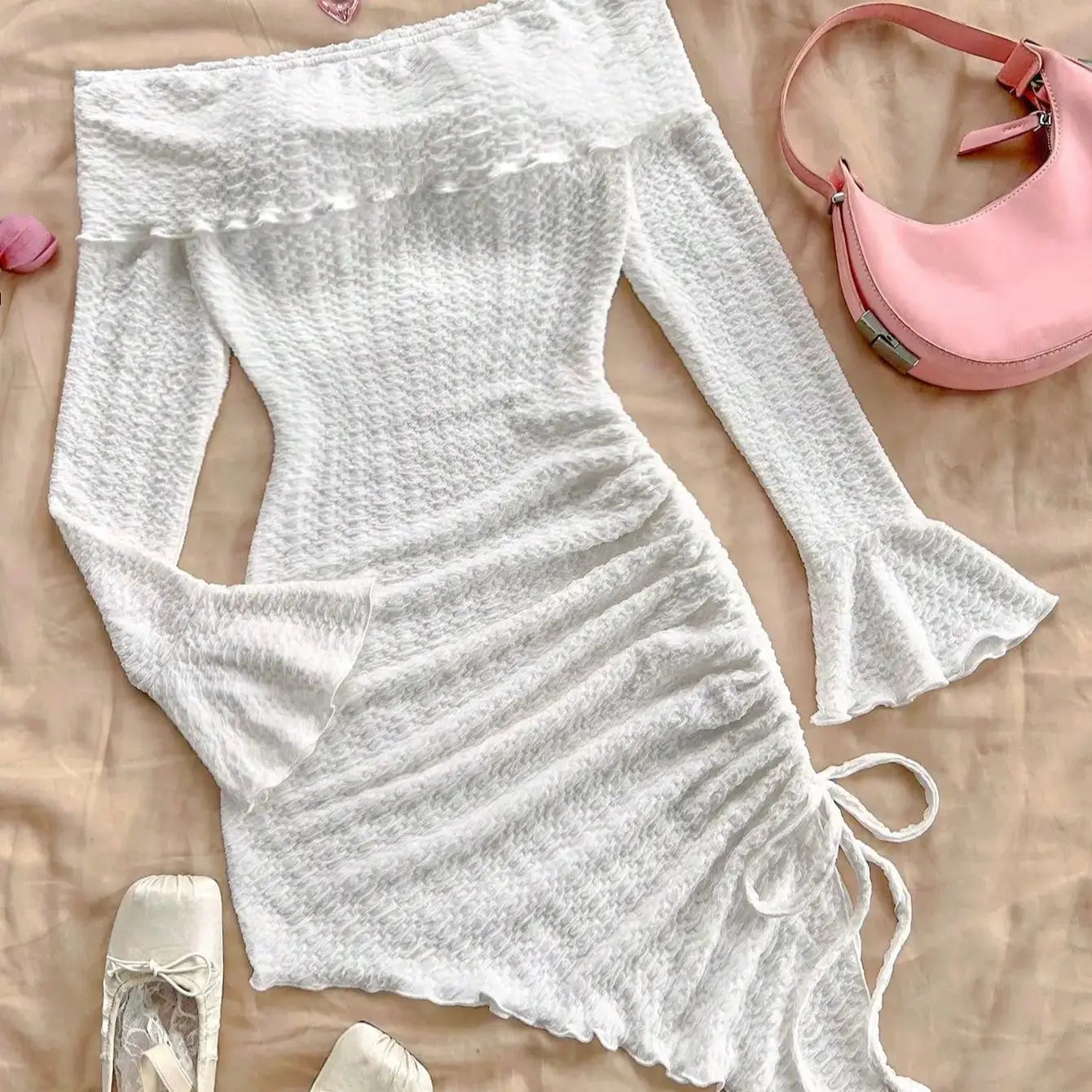 Spring and Summer Europe and the United States Style Pure Horn Long Sleeve Hollow Knit Smock Pleats Irregular Lazy Dress