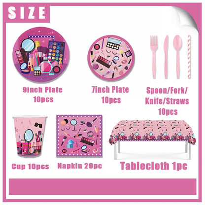 Girl's Birthday Party Supplies  Cosmetics Decorations Background Banners Disposable Cups Plates Knives Forks Spoon Gift Backdrop