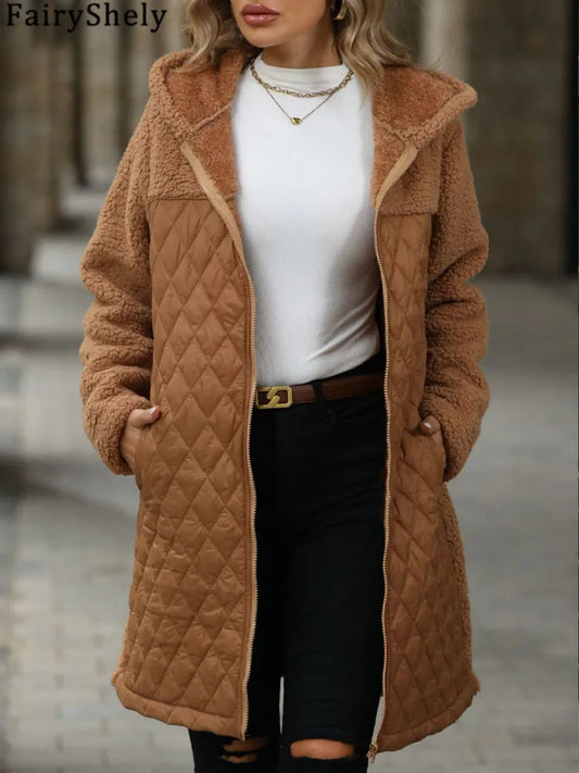 FairyShely 2025 Winter Solid Women Jacket Thick Plush Hooded Warm Long Sleeve Long Coat Soft Zipper Patchwork Outwear Lady Coat
