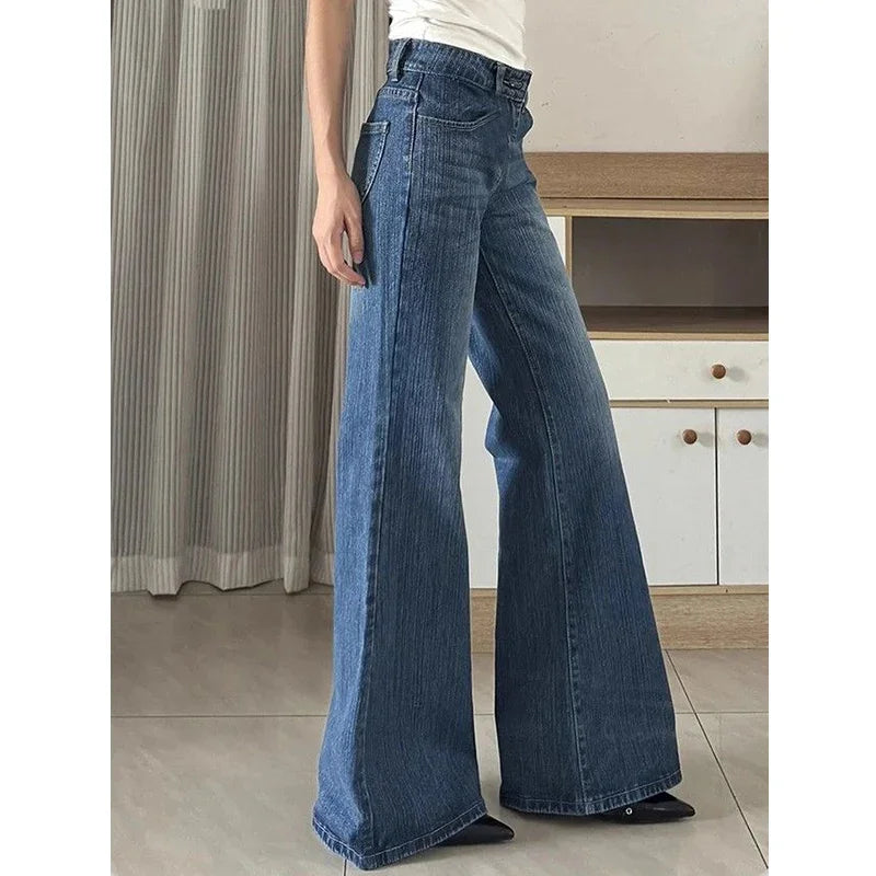 2025 Female Chic Low Waist Flare Jeans Women Retro Blue Slim Fit Bell Bottom Pants Lady Korean Fashion Denim Trousers