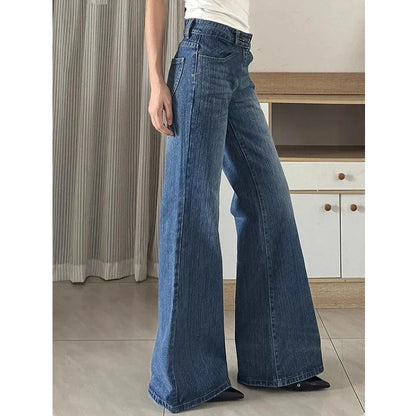 2025 Female Chic Low Waist Flare Jeans Women Retro Blue Slim Fit Bell Bottom Pants Lady Korean Fashion Denim Trousers