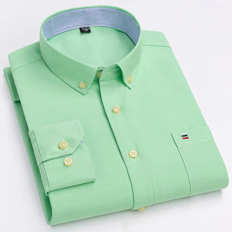 Men's Long Sleeve Oxford Dress Shirt 100% Cotton Plaid Checkered Chest Pocket Button Down Collar Casual Shirts