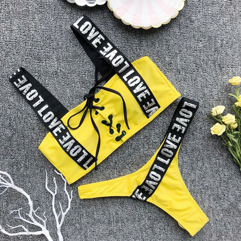 Sexy Red Bikini Set 2025 New Women Letter lace up Bandage Low Waist Swimwear Padded Push Up Swimsuit Beach Bathing Suit Swimming