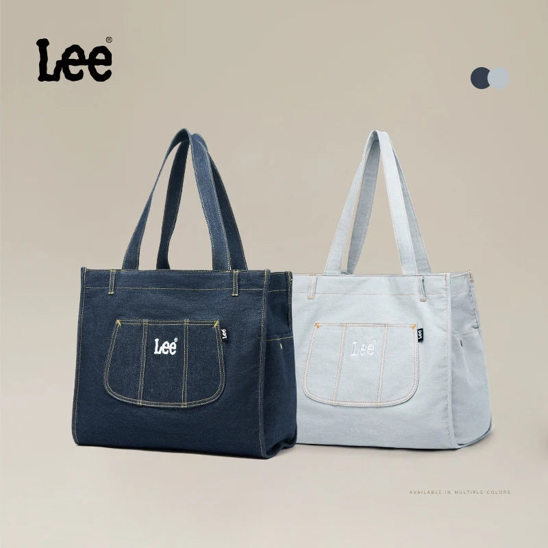 LEE Multiple Pockets Large Capacity Denim Tote Bag Women Trend Commuting Work Shopping Ladies Jeans Handbag Utility Traveling