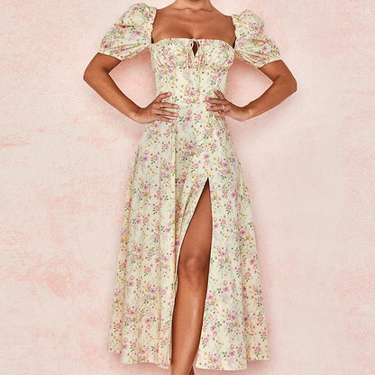 Skinny floral prints Dresses for Summer Women's Dress Square Neck Short Bubble Sleeves High Waist Lace-up Maxi Split Dress