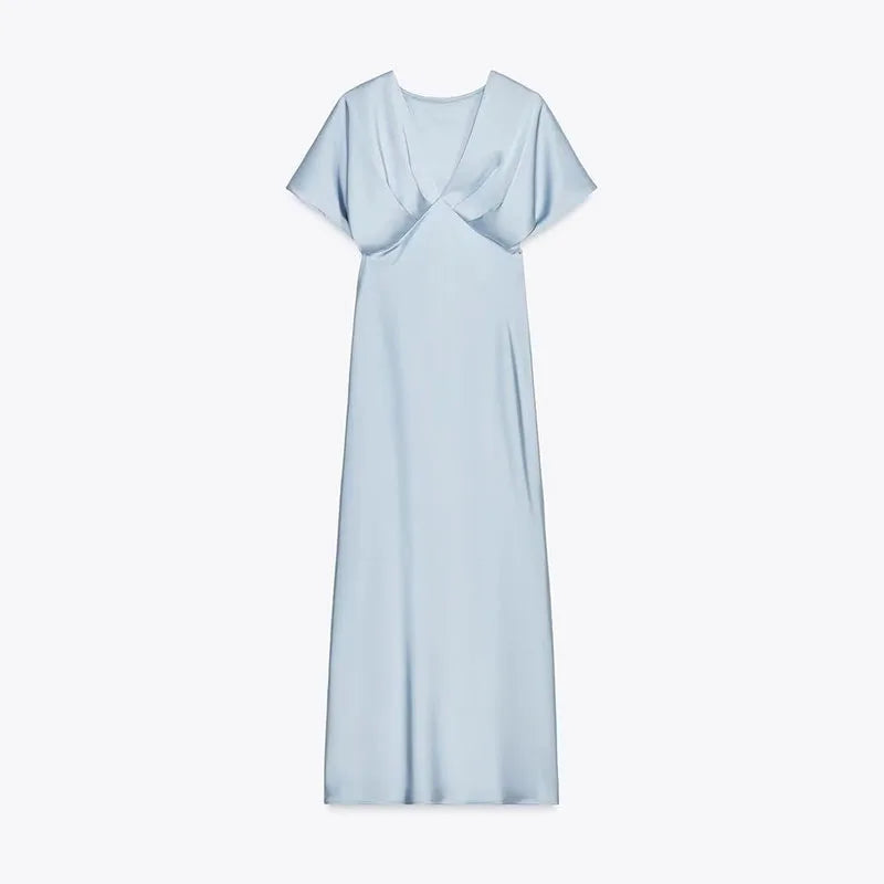 Elegant Satin Solid Long Dress Women V-neck Short Sleeve Pleated Slim High Waist Dresses 2025 Summer Lady Party Evening Robes