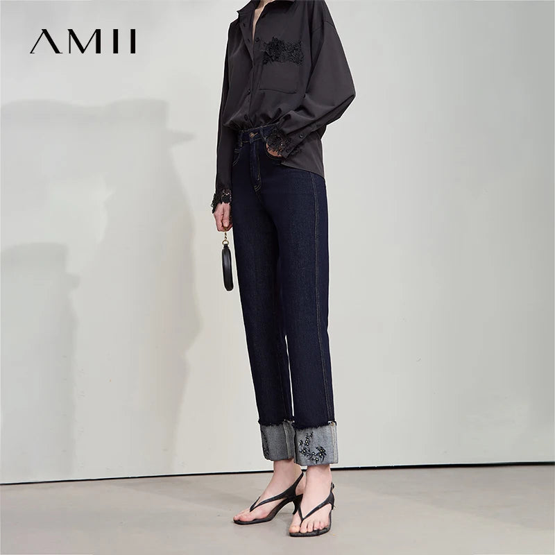 AMII Jeans Pants Women 2025 Autumn New Elegant Ladies Clothes Casual Loose Straight Embroidery Women's Denim Pants 12543032