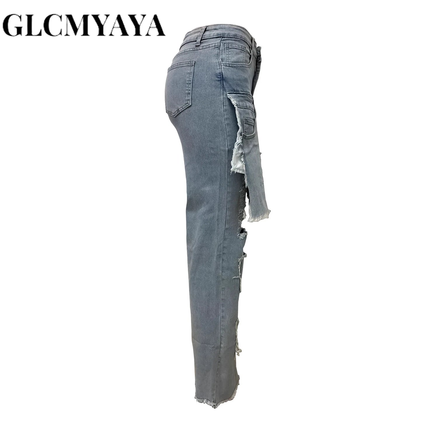 GLCMYAYA Women's Straight Ripped  Jeans 2025 New Fashion Street Pocket Patchwork Sexy Long Pants Trousers Blue Vintage Pants