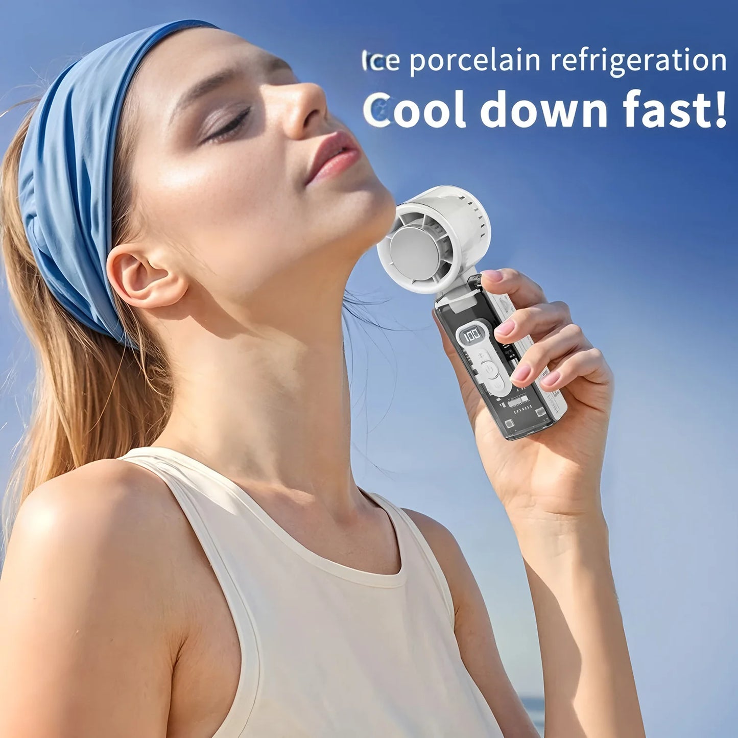 Portable Mini Handheld Fan with LED Display Semiconductor Refrigeration 100 Speeds USB Rechargeable Battery Outdoor Fan