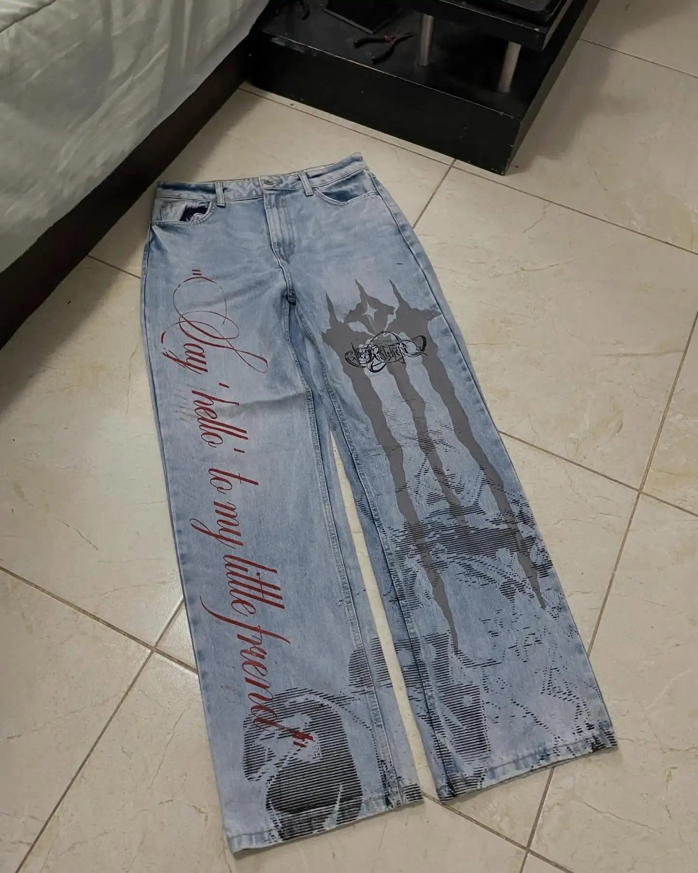 New Cyberpunk Jeans Mens American Y2K Red Graphic Street Goth Baggy Wide-Leg Pants Harajuku Hip-Hop Straight Pants