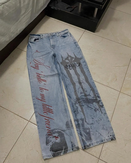 New Cyberpunk Jeans Mens American Y2K Red Graphic Street Goth Baggy Wide-Leg Pants Harajuku Hip-Hop Straight Pants