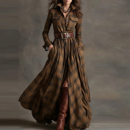 New Women's Lapel Plaid Printing Slim Fit Dress Autumn Long Sleeve Fashion Chic Party Dress with Buttons Elegant Ladies Dresses