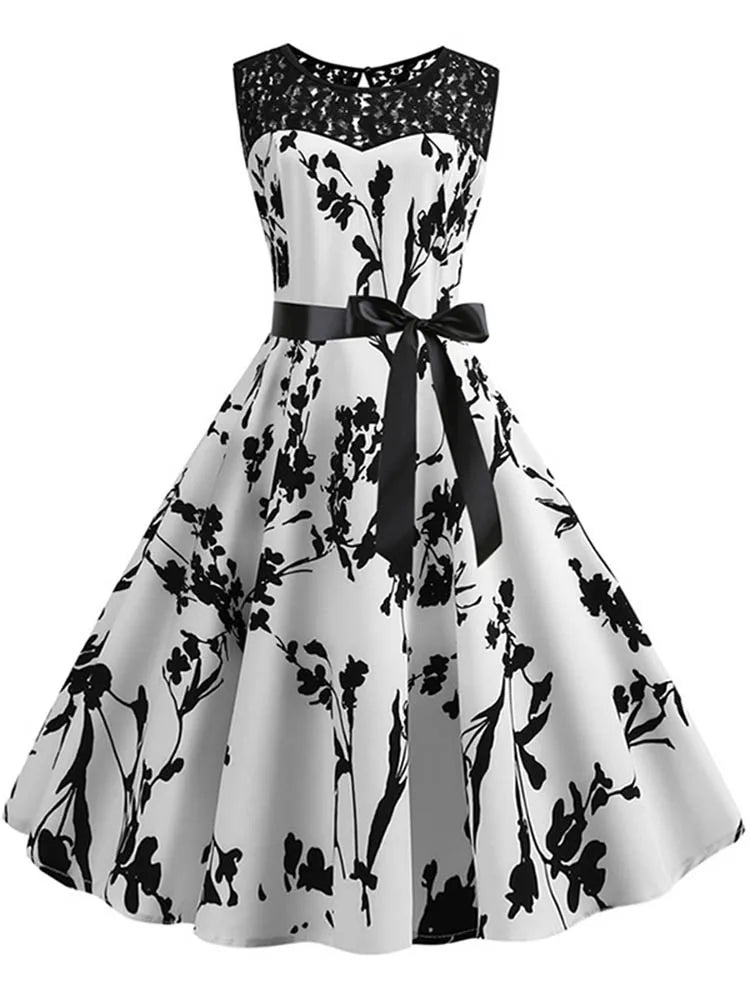Lace Patchwork Floral Print Women Summer Dress Hepburn 50s 60s Elegant Vintage Dress Office Ladies A-Line Party Dresses Belt