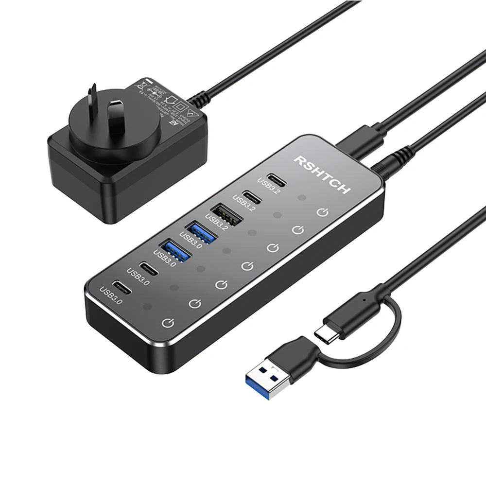 RSHTECH Powered 7 Port 10Gbps Data USB Hubs Individual On/Off  Touch Switches Splitter for Surface Windows PC Laptop Desktop
