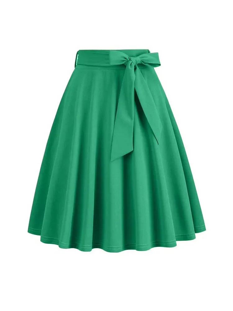 2025 Women Retro Vintage Midi Long Skirt Solid Elegant High Waist A Line Skater 50s Swing Skirts Ladies Workwear Falda Mujer