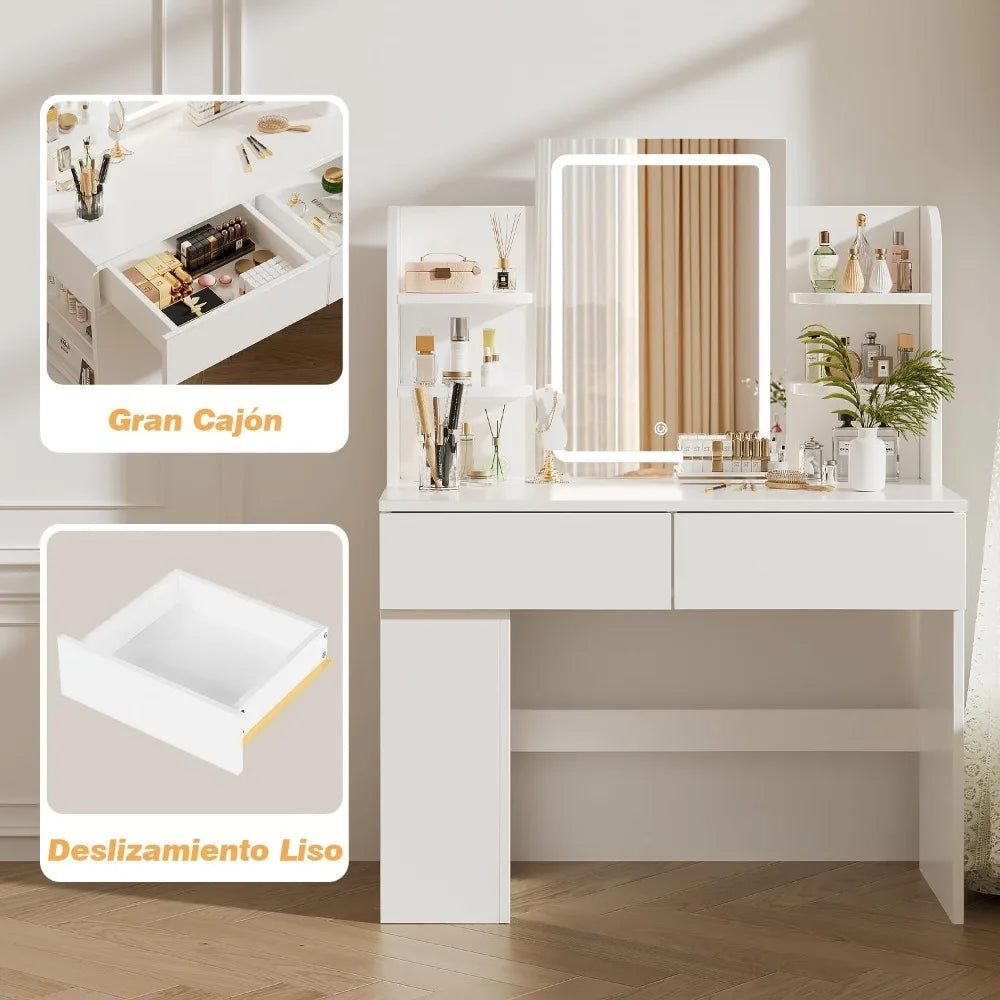 Makeup Dressing Table with Mirror and Led Dimmable Light, Makeup Vanity with 2 Drawers and 4 Shelves, Bottom Shelf, Desk Table,