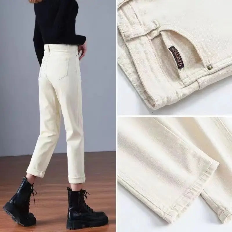 Spring Winter New Plus Velvet Women Jeans Button High Waist Solid Pants Pockets Thicken Fashion Casual Straight Trousers 2022