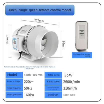 4/5/6 Inch Remote Control Exhaust Fan Silent Inline Pipe Duct Fan Extractor Air Ventilation Blower Kitchen Toilet Wall Booster