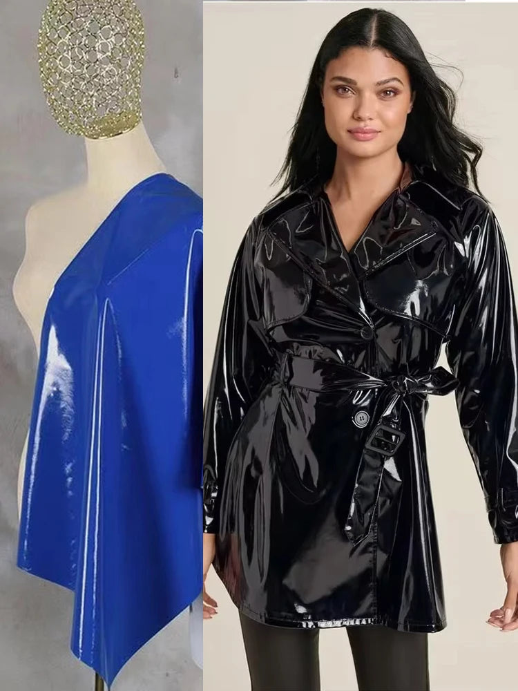 Women Faux Leather Jacket Coat Glossy Patent Leather Trench Overcoat With Belt Gothic Black PVC Laple Blazer Suit Pocket Custom