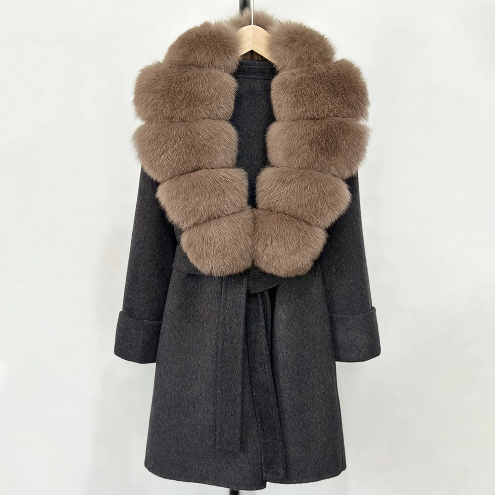 GENHUA 2025 New Winter Cashmere Wool Blends Women Natural Fox Fur Collar Cuffs Slim Fit Suit Double Sided Woolen Trench Coat