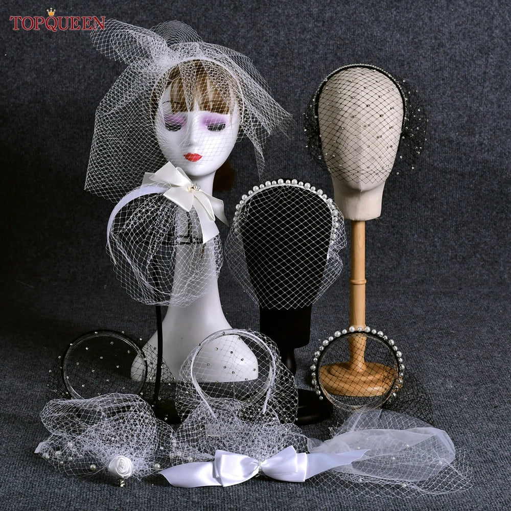 TOPQUEEN VA12 Wedding Birdcage Veil Bridal Blusher Veil White Headband Veil for Bridal Fascinators Black Face Net Mask Bachelore