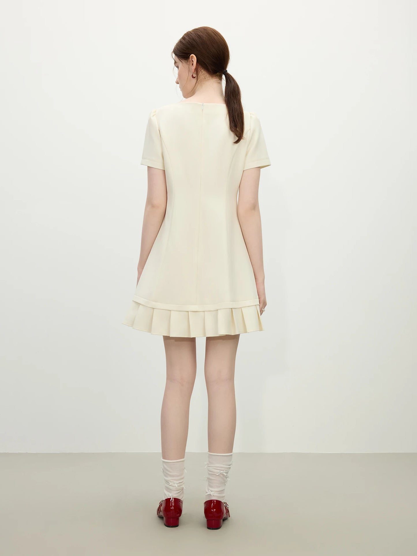 FSLE Women Summer Short Dress Patchwork Pleated Design Short Sleeve Mini Dress Solid Sweet Style Female Dress 25FS12062