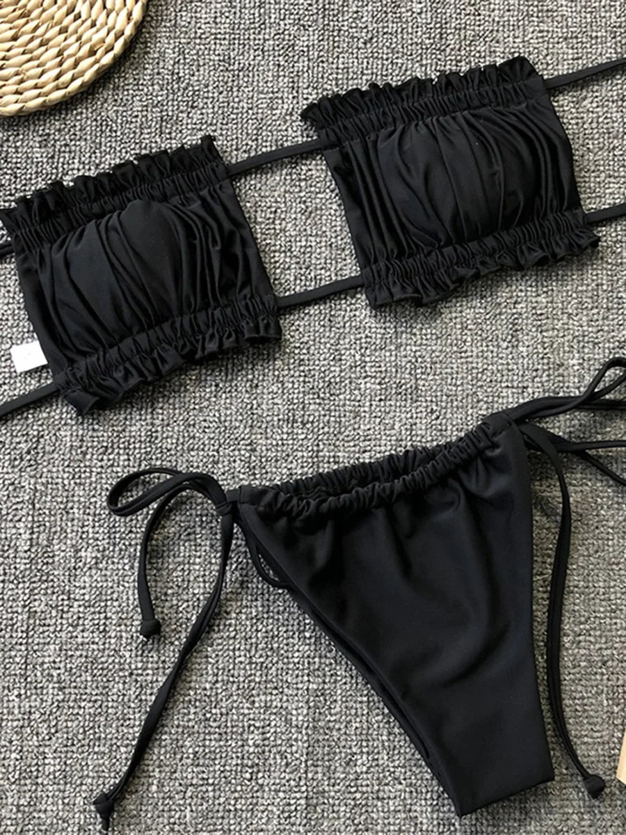 Tie Dye Pleated Ruffled Bikinis Bandeau Bikini Women Swimsuit Female Swimwear Two-pieces Bikini Set Hollow Out Bathing Suit Swim