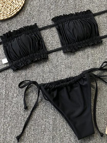 Tie Dye Pleated Ruffled Bikinis Bandeau Bikini Women Swimsuit Female Swimwear Two-pieces Bikini Set Hollow Out Bathing Suit Swim