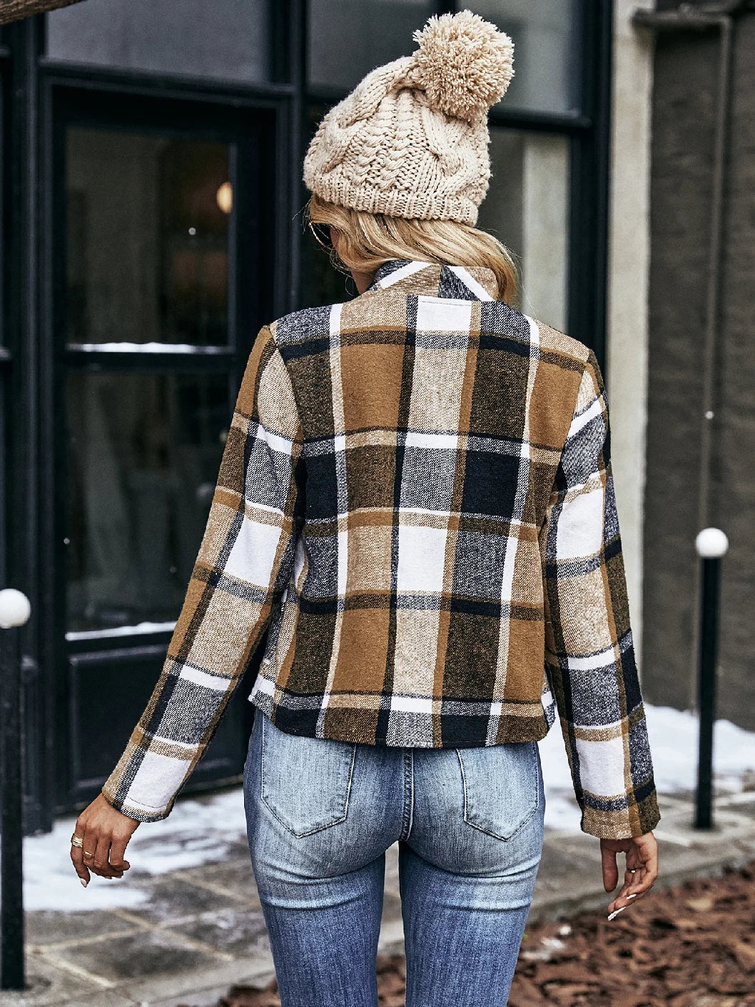 Autumn and winter women's brown patchwork black large grid small stand up collar with open door no short jacket