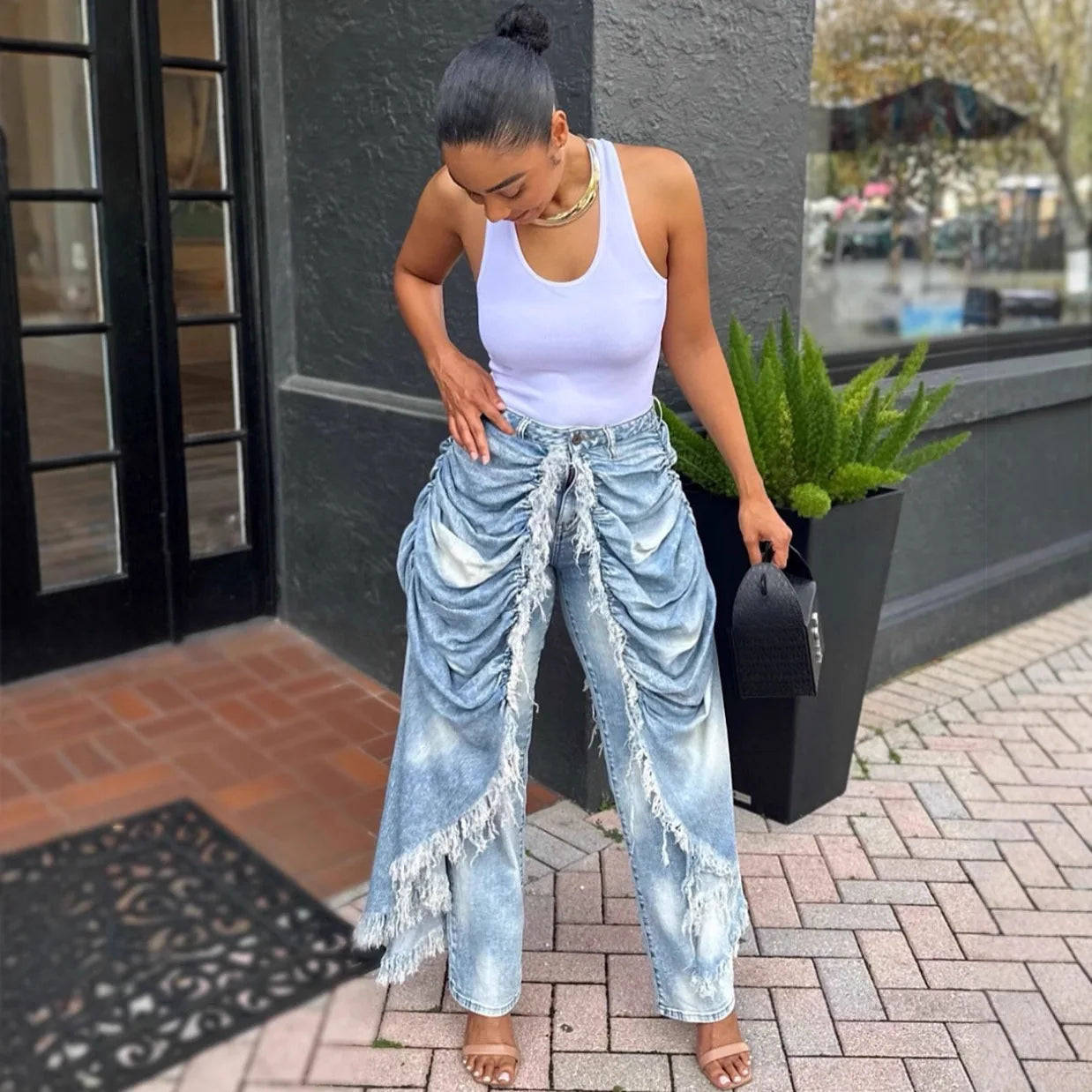 Daily Blue Pocket Ruched Frayed Trim Casual Contrast Denim Jeans High Street Vintage Casual Asymmetric Denim Trousers for Women