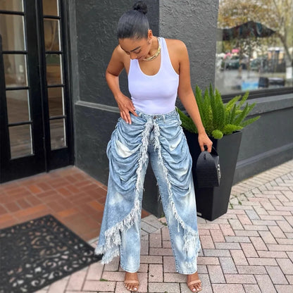 Daily Blue Pocket Ruched Frayed Trim Casual Contrast Denim Jeans High Street Vintage Casual Asymmetric Denim Trousers for Women