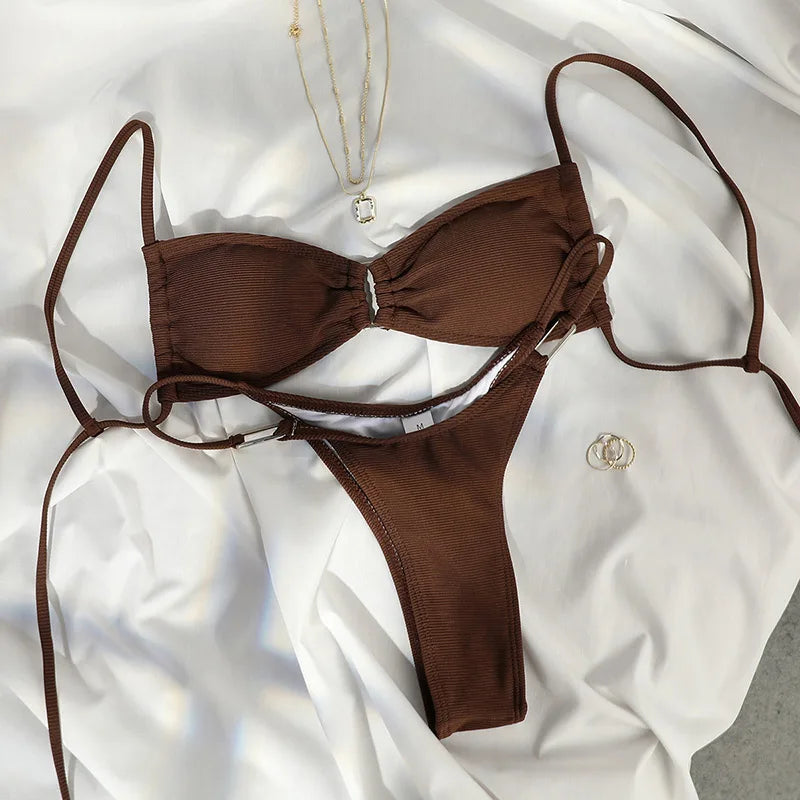 Miyouj String Bikinis Solid Color Swimsuit Women Sexy Swimwear Patchwork Bathing Suit Printed Biquini Thongs Swimming Wear Beach