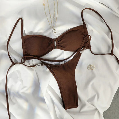 Miyouj String Bikinis Solid Color Swimsuit Women Sexy Swimwear Patchwork Bathing Suit Printed Biquini Thongs Swimming Wear Beach