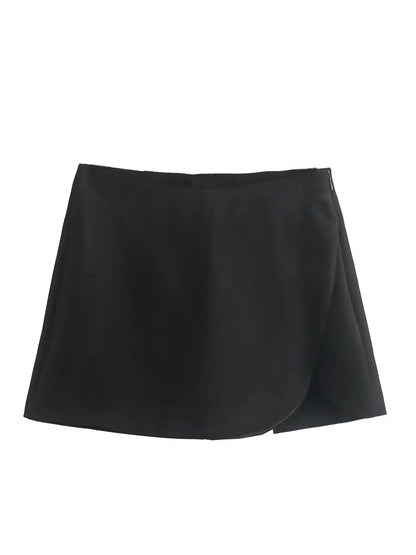 KONDALA Women Fashion 2025 Casual Mini Asymmetrical Skirts Shorts High Waist Back Pockets Wide Leg Skirts Zipper Female Shorts