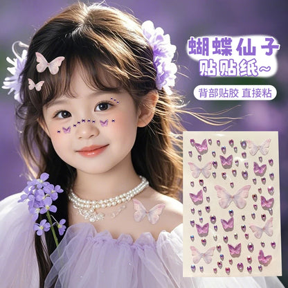 1/3/5 Sheets Kawaii Children's Butterfly Face Stickers Self-adhesive Pink/Green Elf Rhinestone Resin Butterfly Decals For Makeup