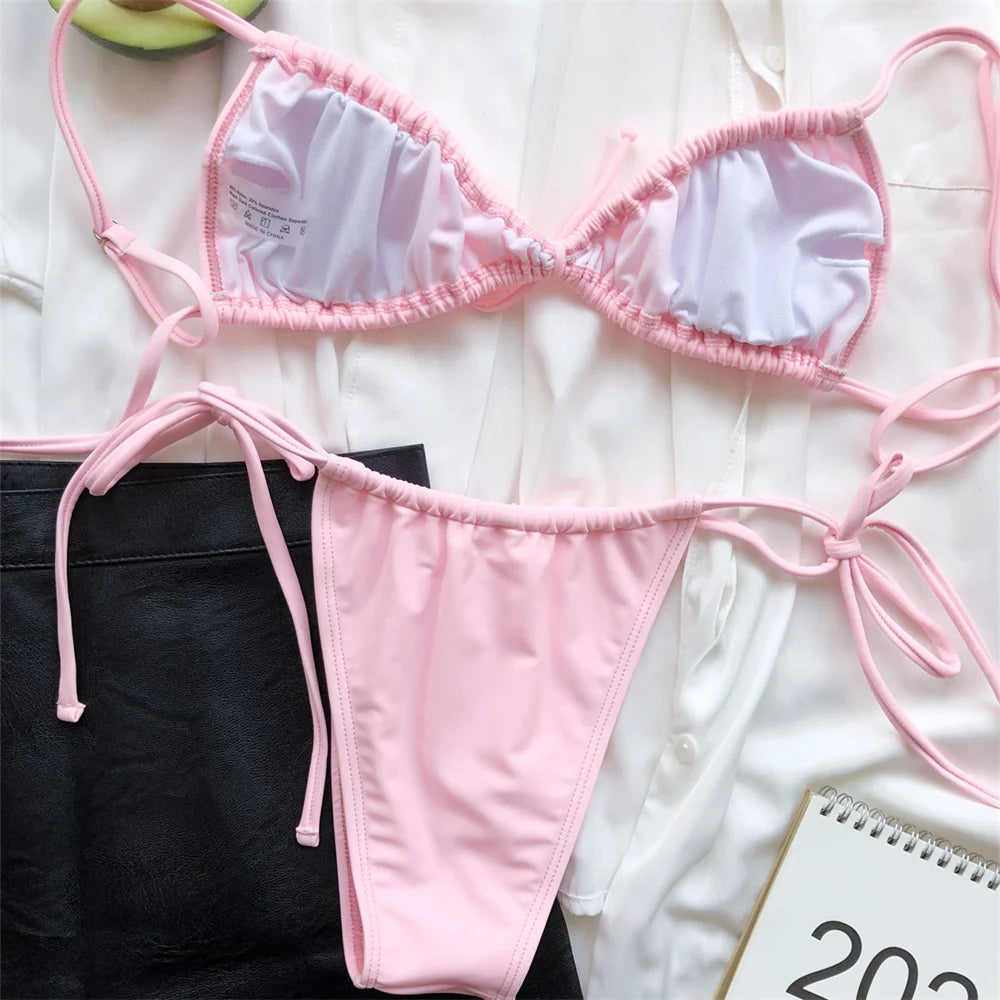 Sexy Sling Bikini Micro String Extreme Swimsuit Pink Bikinis Set Pleated Swimwear Women Bathing Swimming Suit Beach Outfit Tanga