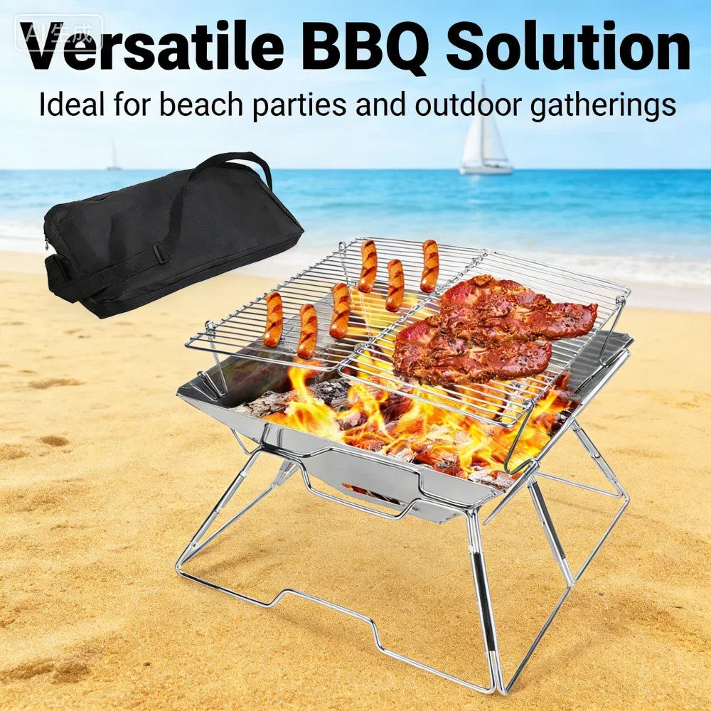 Portable Stainless Steel Foldable BBQ Grill, 1-2 People Charcoal Stove for Camping Picnic & Outdoor