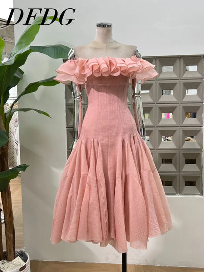DFDG Women’s Designer Flowy Off-Shoulder Ruffle Solid Color Midi Evening Gown Birthday Party Spring Summer 2025 Womens Dresses