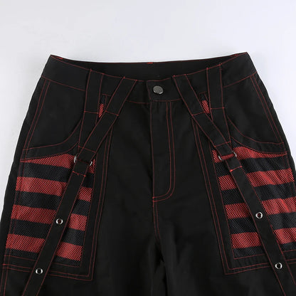 Women Gothic Chain Bandage Wide Leg Pants Women Oversize Low Rise Dark Academic Trousers Streetwear 90s Baggy Pant Punk Style