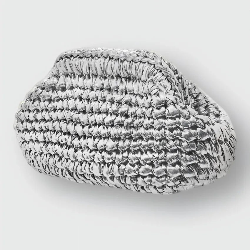 Yingzi Women's Silver Cloth Strip Crochet Clip Bag Woven Underarm Bag Clutch Large Size