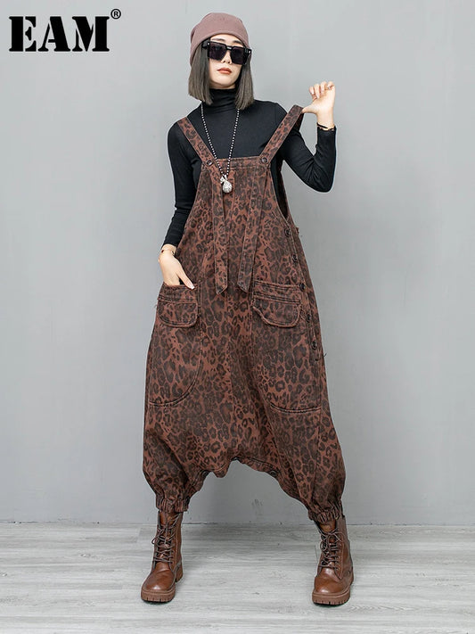 [EAM] High Waist Leopard Print Denim Pocket Big Size Overalls Wide Leg Jeans New Women Fashion Tide Spring Autumn 2026 1DH6428